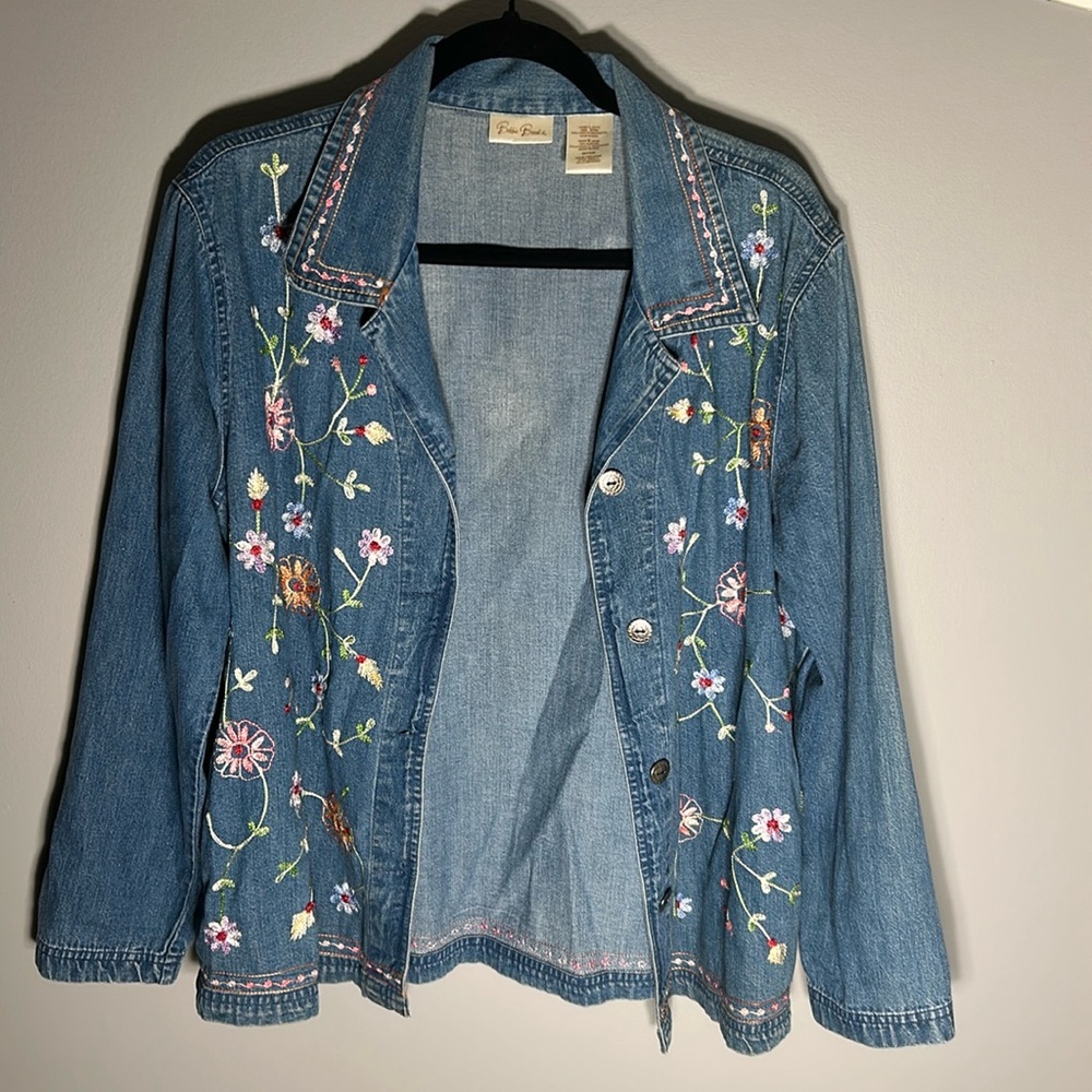 Vintage denim button up, embroidered with flower designs